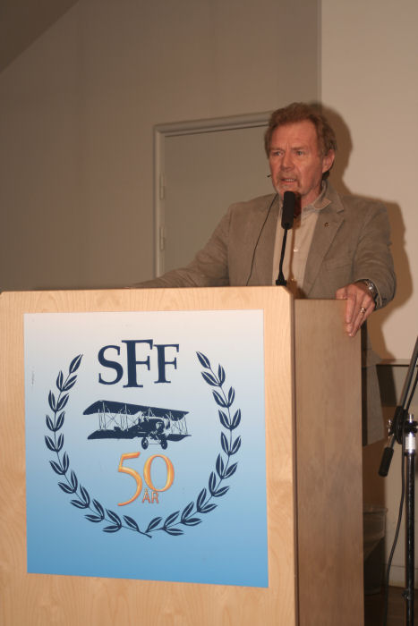 SFF Stockholms första medlemsmöte efter sommaruppehållet uppmärksammade att Saab Lansen firade 60 år. Vi hade det stora nöjet att  Alf Ingesson Thoor berättade om sina dryga 40 år med Lansen - ur ett pilotperspektiv. Foto: Hans Groby.