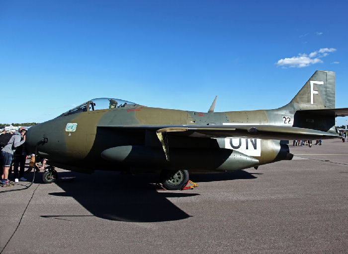 Ett av de Saab J 29B Tunnan som deltog i FN-insatsen i Kongo i början av 1960-talet finns idag bevarat på Flygvapenmuseum. Flygplanet visades upp i samband med Flygdagarna på Malmen den 27-28 augusti 2016 då flygvapnet firade sitt 90-års jubileum. Foto: Gunnar Åkerberg.