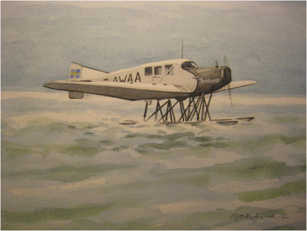 För det mycket facila lottpriset 20:- kan du vinna en akvarellmålning med flygmotiv av konstnären Jan-Olov Andersson, värde 2.000:- Motivet är ABA:s Junkers F13