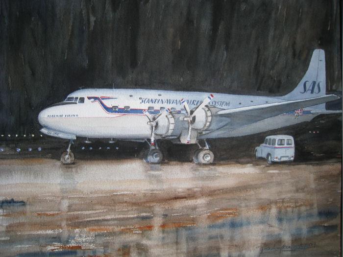 Douglas DC-6B 43745/296, LN-LMO SAS, Hjalmar Viking, tidigt 60-tal på plattan Bromma. Akvarellmålning av Jan-Olov Andersson, värde 3.500 kr.