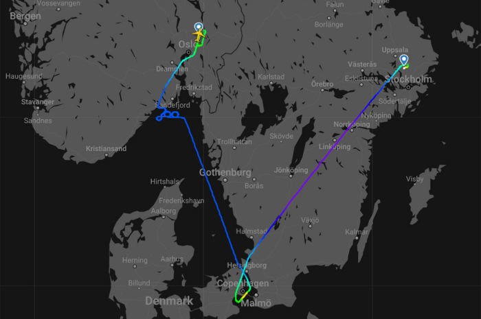 Flygningens väg, från Flightradar24.  